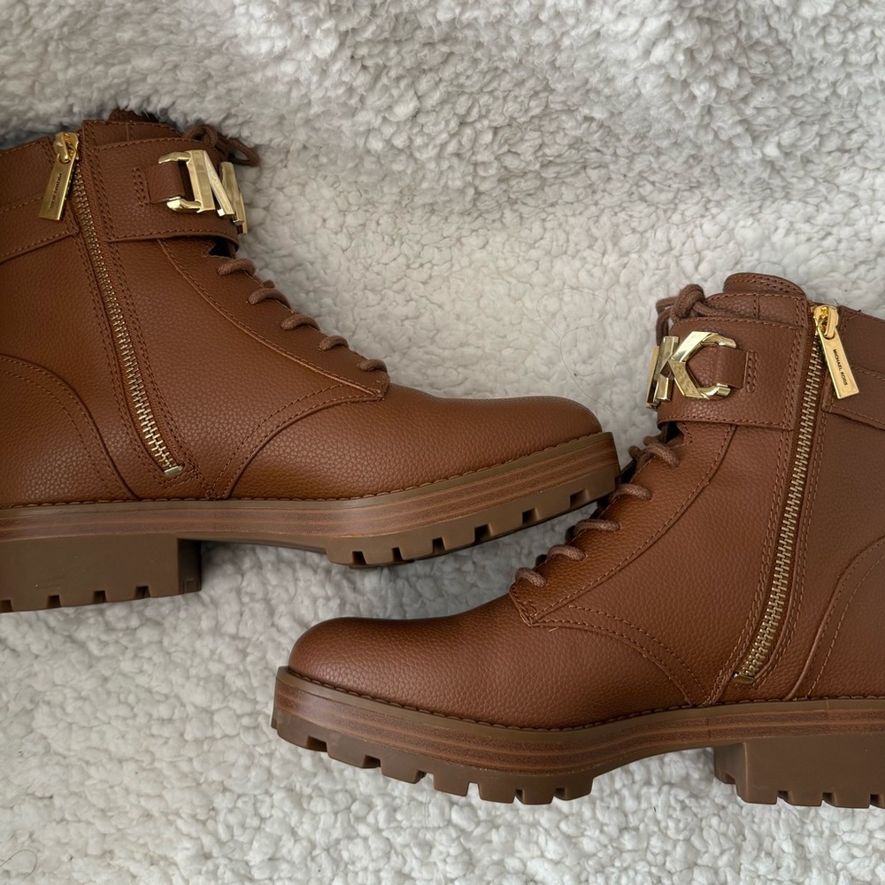 Michael Kors Brown Lace-Up MK Logo Combat Boots - Picture 3 of 8